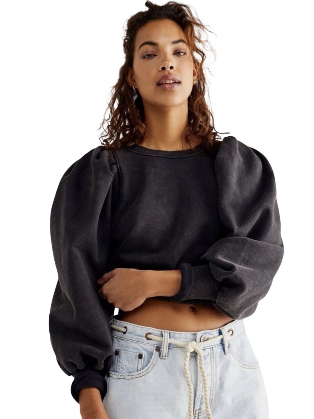 Free People We The Free Puff Sleeve Sweatshirt Size Medium NWT Black Crop Cotton